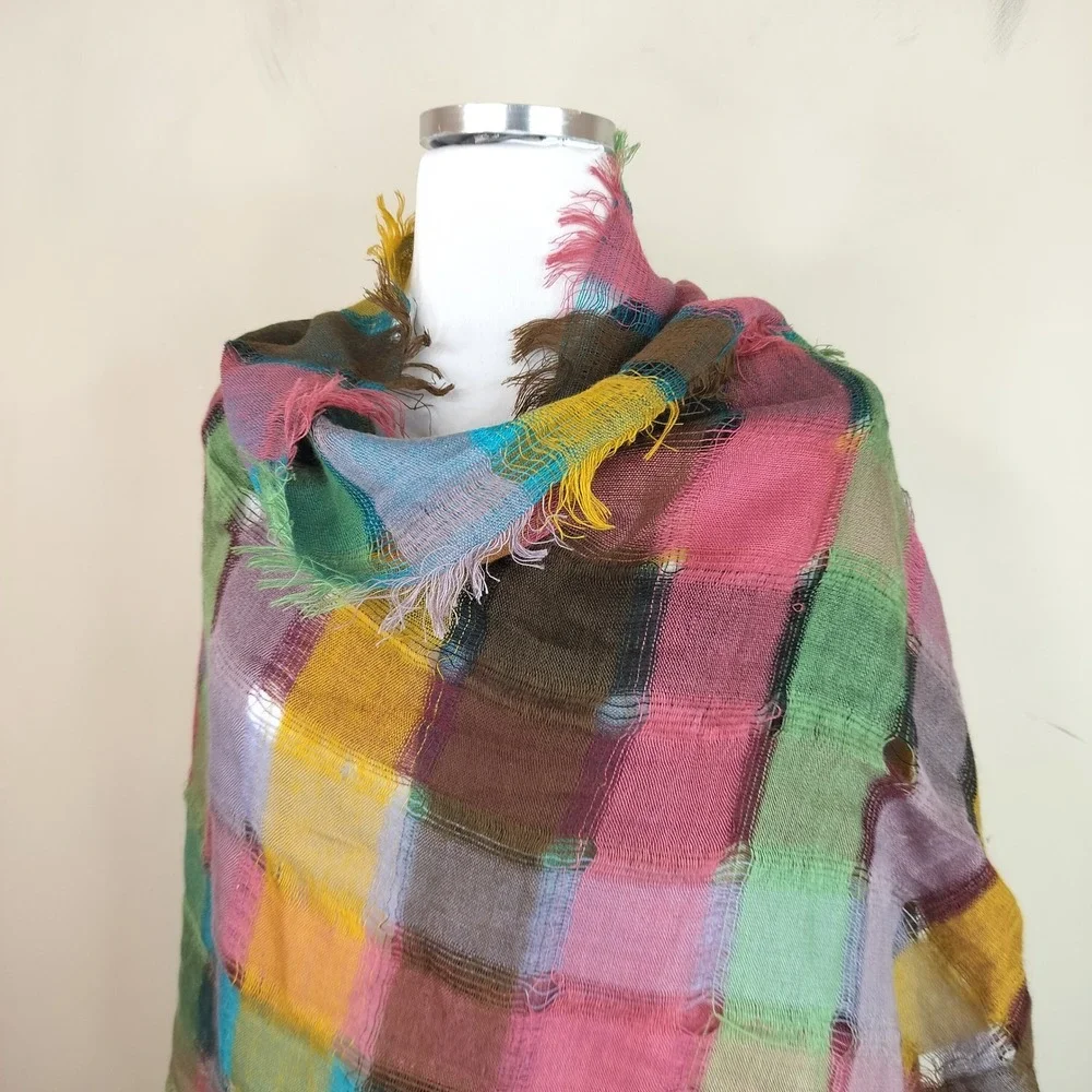 Coldwater Creek Scarf Wrap Womens 76x26 Plaid Fringed Multi-Color Acrylic Wool